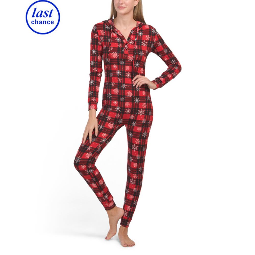 SHO SHO Snowflake Jumpsuit Pajamas With Hood Winter Holiday Christmas Festive M